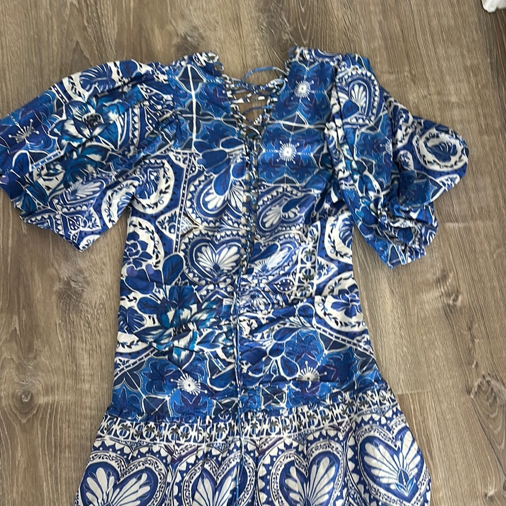 FARM Rio Blue and White Floral Lace-Up Mini Dress - Picture 2 of 6